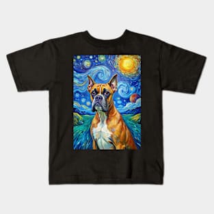 Boxer Dog Breed Painting in a Van Gogh Starry Night Art Style Kids T-Shirt